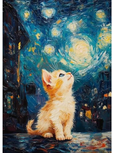 5D Diamond Painting Kit Completo Notte Stellata Gatto,Pittura con Diamanti per Bambini e Adulti,Kit Artigianale con Diamanti 5D, Decorazione Casa Animali,Punto Croce Bambini Diamond Painting(30x40cm)