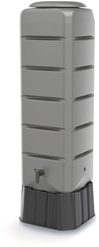Regenwassertonne 120L mit Standfuß, Deckel & Wasserhahn – Eckiger Regenspeicher HDPE Kunststoff, UV-beständig, robuste Regentonne für Garten, Terrasse & Hauswand (Grau)