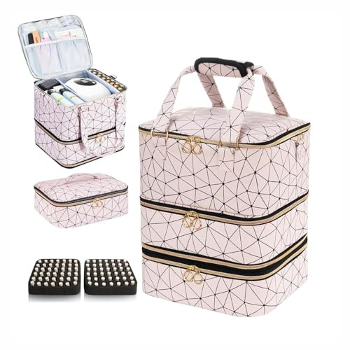 Grande borsa organizer per smalti, contiene 84 flaconi (15 ml/0,5 fl.oz) e lampada per unghie, custodia per il trasporto di smalti, kit per unghie, borsa a tracolla per strumenti per manicure, rosa,