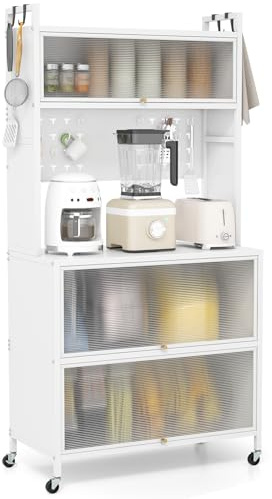 COSTWAY Credenza Alta per Cucina con 5 Ripiani e 3 Ante a Ribalta Traslucide, Mobile Cucina con Ruote e Panello a Ganci, Armadio Cucina Porta Microonde (80 x 40 x 160 cm,Bianco)