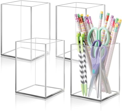 DARUITE 4 Pièces Pot a Crayon, Porte Stylo Bureau en Acrylique Transparent, Organisateur Maquillage, Idéal pour le Bureau, la Maison, la Cuisine ou l'école