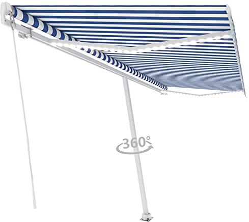IKAYAA Tenda da Sole 500x300 Tenda da Sole Retrattile Manuale LED Tenda a Braccio per Esterno Tenda da Sole a Bracci Estensibili Parasole Protezione UV Impermeabile-Blu e bianco-500 x 300 cm