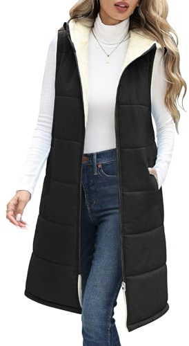 Vancavoo Chaleco Acolchado Mujer con Capucha Chaqueta sin Mangas Abrigo Plumas Largo Invierno Cálidos Chaleco de Forro Polar Outwear,Negro,XL