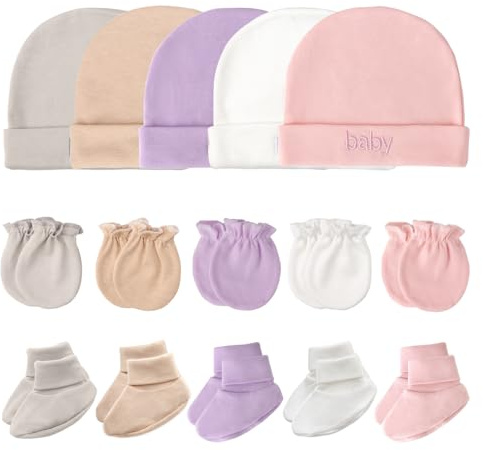DRESHOW Recién Nacido Bebé Gorro y Manoplas Calcetín Conjunto Algodón Bebés Sombreros y Sin Rasguños Guantes Calcetines Gruesos para Niñas Niños 0-6 Meses