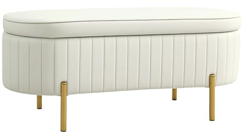 HOMCOM Panca Contenitore Ingresso Ovale 72L Design Scanalato con Coperchio Sollevabile, Seduta Imbottita, Panca Fondo Letto Pouf Cassapanca in Velluto e Struttura in Legno di Pino, 108x44x43.5cm,Crema