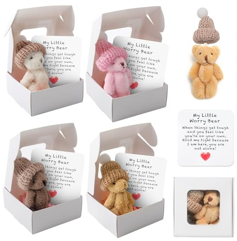 4 Stück Pocket Hug Positive Mini Teddybär, Handgemachter Positiver Mini-Plüschbär mit Ermutigungskarte Bär In Einer Box Lustige Teddy-bär Puppe Plüsch Figuren für Familie Kleiner Taschenbär