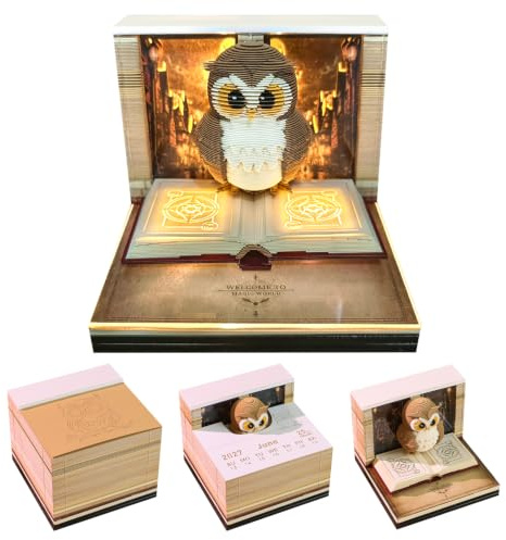 2026 3D Desk Calendar, Unique and Creative Paper Sculpture Calendar, Tear Off Paper Carving Art Memo with LED Lights and Dust Covers, DIY Tearable Post Notes for Desktop Decoration Gift (Owl)