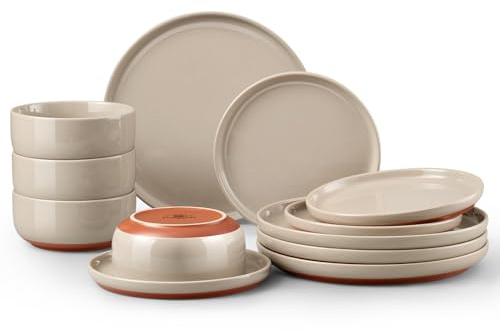 Homikit 12-Piece Dinner Stoneware Set, Speckled Plates and Bowls Dishware with Rustic Terracotta Underside, Reactive Glaze & Scratch Resistant, Microwave and Dishwasher Safe - Cinnamon Brown