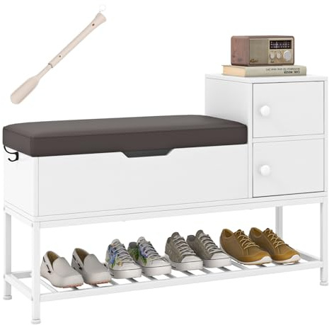 RELAX4LIFE Banc à Chaussures d'Entrée 100 CM Rembourré avec Chausse-Pied,Crochet, Compartiment à Couvercle Rabattable, 2 Armoires à Portes, Structure Métallique, Meuble Chaussure pour Couloir Chambre