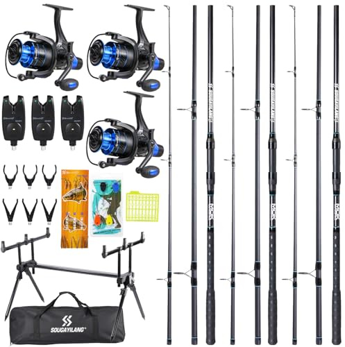 Sougayilang Juego de pesca de carpa, 3 cañas y carretes, combo de soporte ajustable para caña, alarmas de mordida, kit completo de pesca de carpa para lagos y ríos de carpas