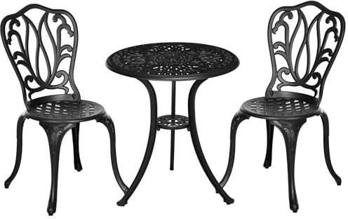 Outsunny Set da Bistrò da 3 Pezzi, Set da Giardino con 2 Sedie da Giardino, Tavolino in Vetro con Foro per Ombrellone, Set Tavolo e Sedie da Giardino in Alluminio, per Patio Balcone, Nero