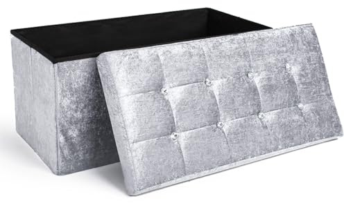 Intimates Large 2 Seater Luxury Crushed Velvet Fabric Foldaway Ottoman Stool Blanket Box Bench 76cms x 38cms (Silver)