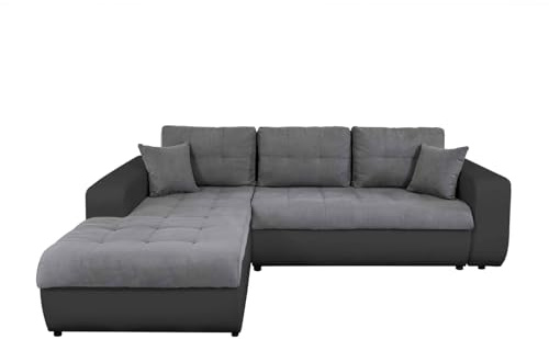 LOUNGITUDE - Suzie - Canapé d'angle - Convertible - 4 Places - Revêtement capitonné - Simili/Microfibre - Noir/Gris - Angle Gauche - L246cm