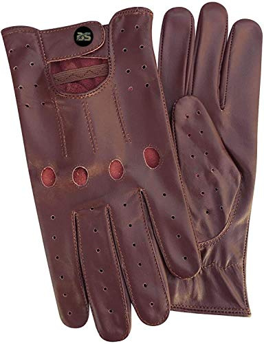 Guantes de conducción de cuero sin forro para hombre estilo retro vintage hechos de suave piel de vacuno, cordón clásico 4 agujeros para nudillos, guantes en 6 colores diferentes (Burdeos, M)