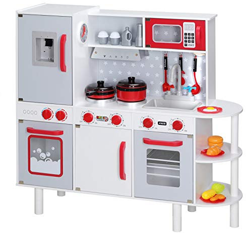 SPIELWERK® Kinder Küche mit Sound Holz Zubehör 38tlg Backofen Abgerundete Kanten Höhenverstellbar Uhr Kinderküche Spielküche Spielzeugküche Lernspiel