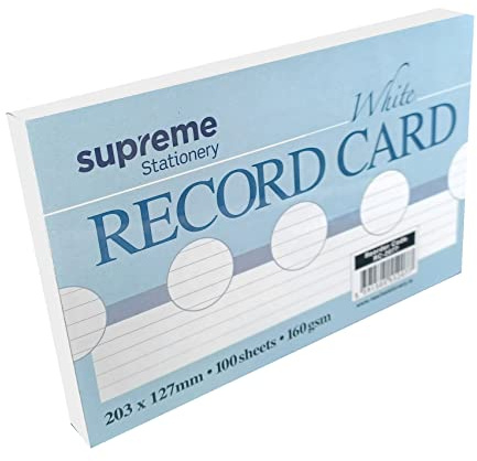 Record Cards White Ruled Index Cards 6mm Lined Margin Revision Cards 8 x 5 - 100 Sheets 160gsm Thick Paper Cards