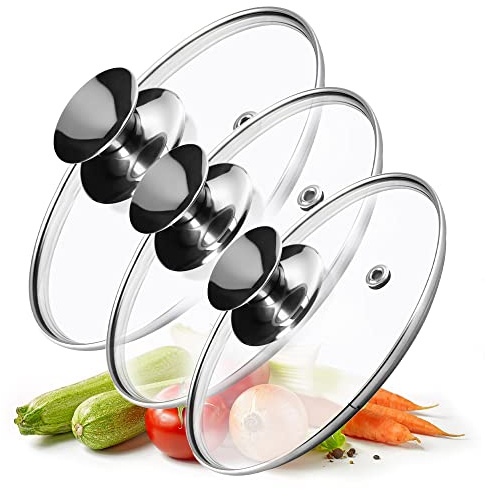 KADAX Set di coperchi universali in vetro con maniglia, set di coperchi resistenti al calore in diverse misure, coperchio in vetro per pentola, padella (16 + 18 + 20 cm, manico argento)
