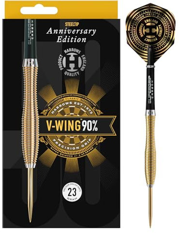 Harrows V-Wing 90% Tungsten Steel Tip Darts Set | Erhältlich in 21g, 23g & 25g | Inklusive gebogenem 'V-Wing' Barrel, Midi Supergrip Carbon Schäfte & Neue Anniversary 100 Mikron Flights (21g)
