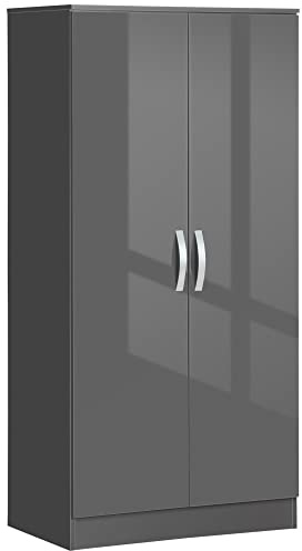 HOMCOM High Gloss Wardrobe, 2 Door Wardrobe with Hanging Rod and Storage Shelf, Clothes Storage Organizer with Anti-tipping Design for Bedroom, Grey
