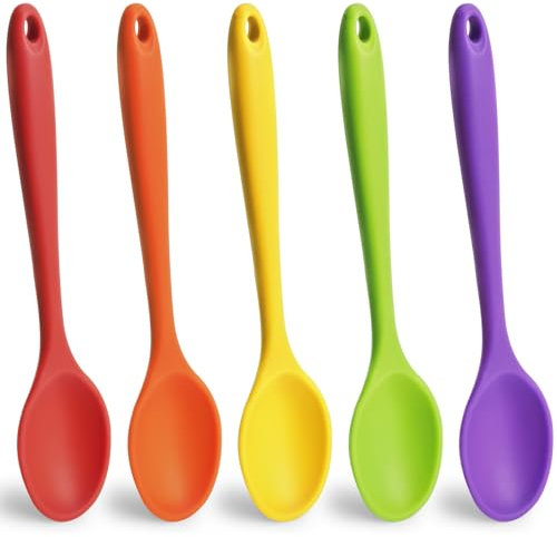 HANSGO 5PCS Small Silicone Spoons, 8 Inch Silicone Mixing Spoons for Baking, Cooking, Tasting, Quiet Stirring Hot Cocoa, Sauce, Risotto, Safe & Nonstick, Kitchen Gifts for Women, Cooking Gifts for Men
