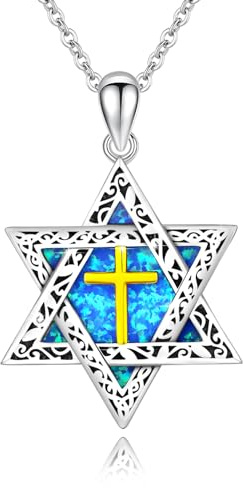 ABIGY Cadena de estrella de David, cadena con cruz, plata de ley 925, ópalo, colgante hexagrama de estrella de David, cadena judía, amuleto, joyas regalos para mujeres y hombres, Plata esterlina