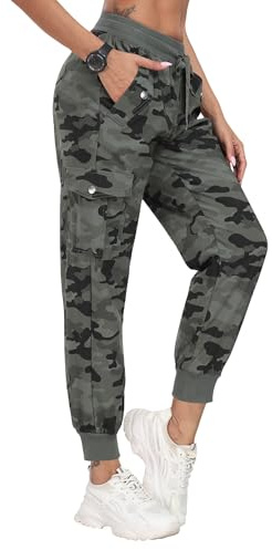 JINSHI Damen Cargohose Wanderhose Leichte Jogginghose Freizeithose Schnell Trocknende Trekkinghose Outdoorhose mit Taschen Tarnfarbe Grün Größe M