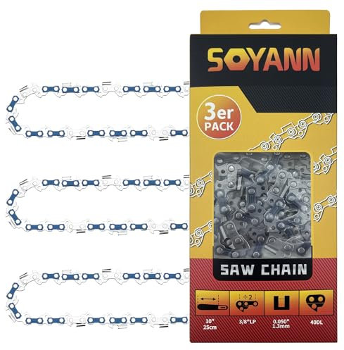 3 Chaînes de Tronçonneuses 25cm, 40 Maillons/Entraineurs, Pas de 3/8, Jauge 0,050 (1,3 mm), Chaîne à Faible Rebond Compatible pour Bosch, Einhell, Dolmar, Black & Decker et autres