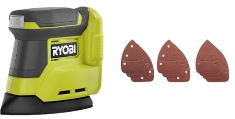 RYOBI - Ponceuse triangulaire 18V - diamètre d'oscillation 1,8 mm - patin 100 x 140 mmm & Assortiment de 10 Abrasifs Auto-Agrippants 140x100mm pour Ponceuse Triangulaire