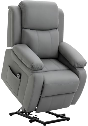 HOMCOM Poltrona Elettrica Alzapersona Reclinabile 160°, Poltrona Relax Elettrica in Pelle PU con Telecomando, Poggiapiedi e 2 Tasche Laterali per Soggiorno, Grigio