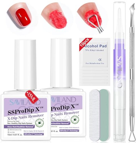 SAVILAND Dip Powder Nails Remover: 2 Pcs Plant Based Dip Nail Removal Kit with Cuticle Oil Pusher Nail File Tools for Dip Powder, Nail Polish, Gel Nail Polish Remover for Home Use - 30ml