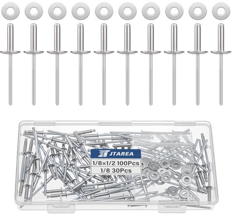 JTAREA 130 Pièces 3,2 x 12,7mm Rivets Aveugles en Acier Inoxydable avec Rondelle Rivets Pop Tete Large Rivet Pop à Extrémité Ouverte