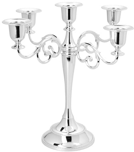 QWORK® Candelabro Decorativo 5 Bracci in Argento, 27 cm, Candeliere Nozze in Lega di Zinco Placcato