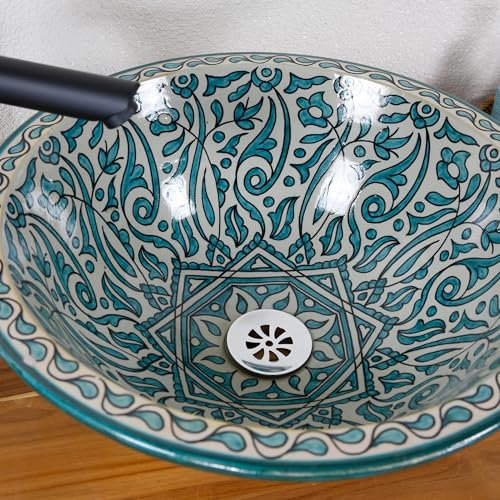 Casa Moro Ceramic Washbasin without Tap Hole Turquoise, Countertop Sink for Bathroom and Guest Toilet, Built-in Sink Round without Overflow / Washbasin Countertop Sink