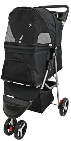 Actiaspet - Black Foldable Pet Stroller with Weather Protection and Swivel Wheels | 15kg Carrying Capacity