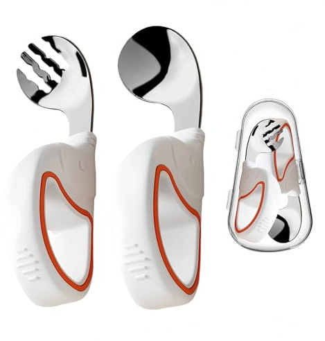 ORAGKE Couvert Bebe Inox avec Manche Silicone Alimentaire, Ergonomiques Couvert Enfant avec Boite, DME Cuillere et Fourchette Enfant sans BPA, Couverts Bebe Apprentissage 1er Age, 1 à 3 Ans (Blanc)
