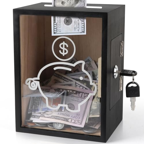 Mczcent Clear Piggy Bank with Lock, Large Money Saving Jar Money Bank Box Container for Cash Saving, Openable Clear Money Coin Change Bank Jar Container Penny Piggy Jar Bank for Adults Kids, Black
