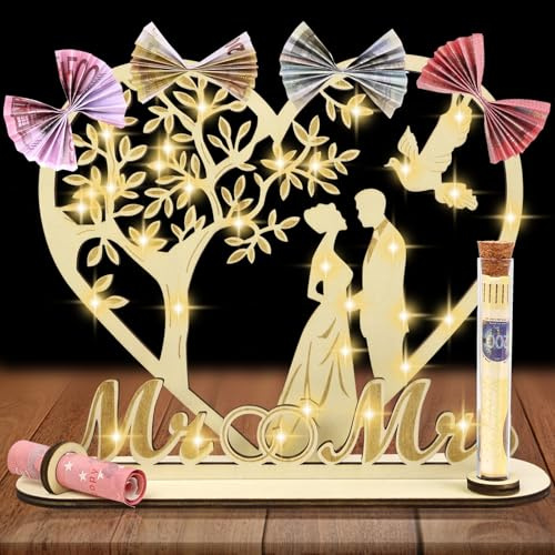 AOOTE In Legno Regalo In Denaro, Regalo In Denaro per Matrimonio con Cuore, In Legno con Catena Luminosa, con 1 Provette, Biglietti D'auguri, Buste, Sacchetti Regalo, per Matrimonio, Decorazione