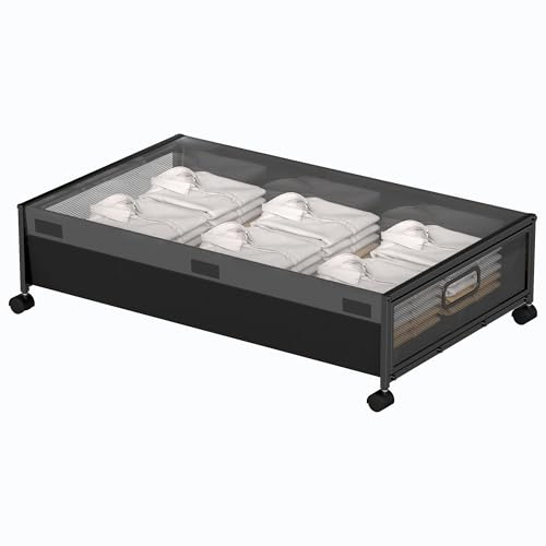Under Bed Storage with Wheels, 1 Pack Rolling Underbed Storage Drawer, Heavy Duty Under Bed Shoe Storage Organizer for Clothes, Toys, Blankets (Black)