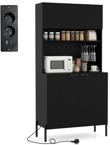 COSTWAY Buffet Cuisine Haut avec Prise, Armoire Cuisine 4 Portes, Étagère Réglable, Porte-Verres à Vin, Pieds en Métal, Vaisselier pour Salle à Manger, Salon, 80 x 40 x 164 cm (Noir)
