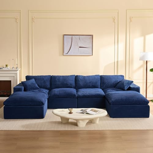 Litbird Modular Sectional Sofa and Sofa Bed, L-Shaped Cloud Couch with Memory Foam, No Assembly, Deep Seat,Set of Corduroy Convertible Sofa for Living Room (Navy, 345 cm U-Shaped)