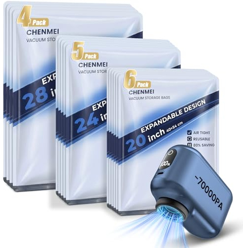 15-Pack Vacuum Storage Bags for Travel with 70KPA Rechargeable Pump,3 Sizes