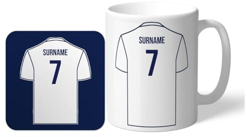 Personalised 'Back of Shirt' 11oz Mug & Coaster Set for Tottenham Hotspur Supporters, with Club Colours, Ideal for Tottenham Hotspur Fans