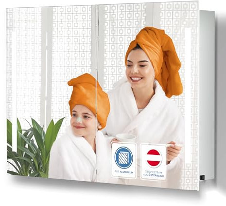 HAPA Design Premium Badezimmer-Spiegelschrank-50cm-flach - Einfache Montage, mit-LED-Licht-13W-seitlich, 2-Türen-mit-3D-Effekt-doppelt-verspiegelt, robuster Alu Korpus. (50x60x10cm)