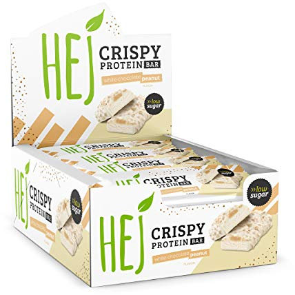 HEJ Crispy Protein-Riegel - Zuckerarmer High-Protein-Snack - Mit 14g Eiweiß - Vegetarisch - Ohne Künstliche Aromen & Sucralose - White Chocolate Peanut 12 x 45g
