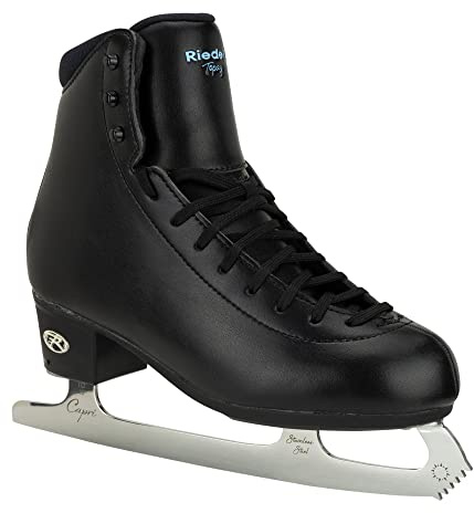 Riedell Topaz Junior Ice Skates - Sleek Recreational Ice Skates for Kids with Moisture-Wicking Lining, Helios Outsole, and Stainless Steel Capri Blade - Black - 3 JR
