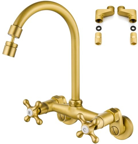 Airuida Wall Mount Kitchen Faucet with Sprayer Wall Mounted Kitchen Sink Faucet Double Cross Handles 360 Degree Swivel Spout Restaurant Mixer Tap Commercial 6 Inch Center Antique Brass