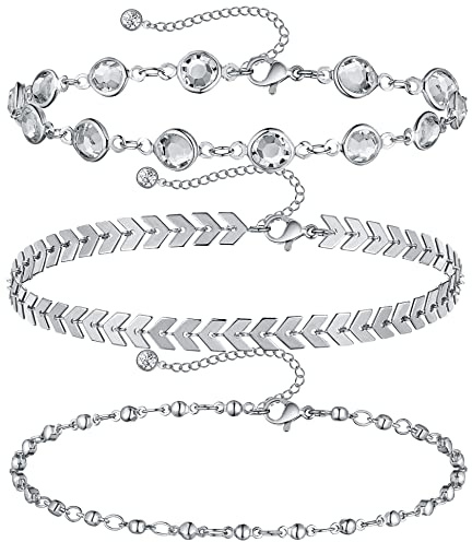 VGWON Bracelet de Cheville Argenté pour Femme en Acier Inoxydable, Plaqué Or 14K, Bracelet de Cheville en Perles D'Argent et Quartz Zirconien pour le Tennis