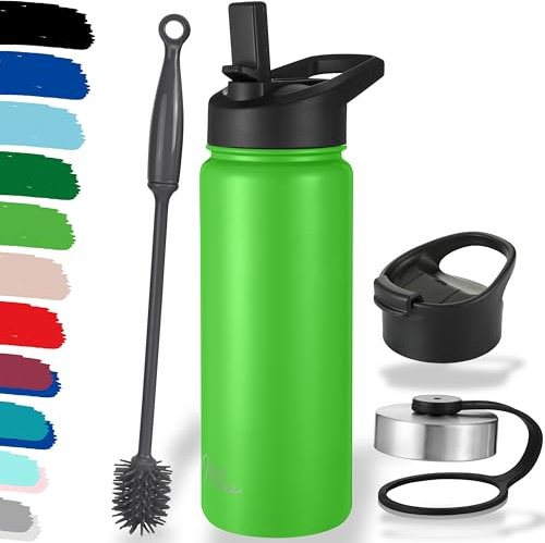 Milu Edelstahl Trinkflasche 500ml 750ml 1000ml (+3 Deckel) - Thermosflasche mit Strohhalm, Isolierte Wasserflasche, Auslaufsichere Isolierflasche doppelwandig, Kohlensäure geeignet (Apfelgrün, 500ml)