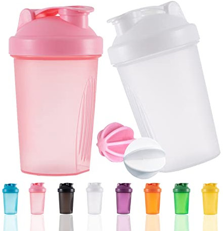 YAYAYOUNG Protein Shaker Flasche 400 ml Auslaufsicher, BPA Frei, Eiweiß Shaker für Supplement Shakes mit Sieb & Skala, Fitness Mixer für cremige Whey Proteinpulver Shakes, (Weiß+Rosa(2PCS)