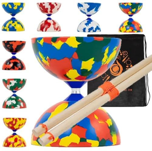 Jester - Juego de diábolos con palos de madera, juego de diábolos de goma Pro mediano con palos de madera y bolsa de transporte en cascada (multicolor)